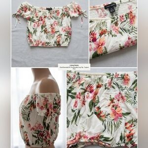 Xhilaration Cream Floral Off-Shoulder Smocked Crop Top with Pink & Green